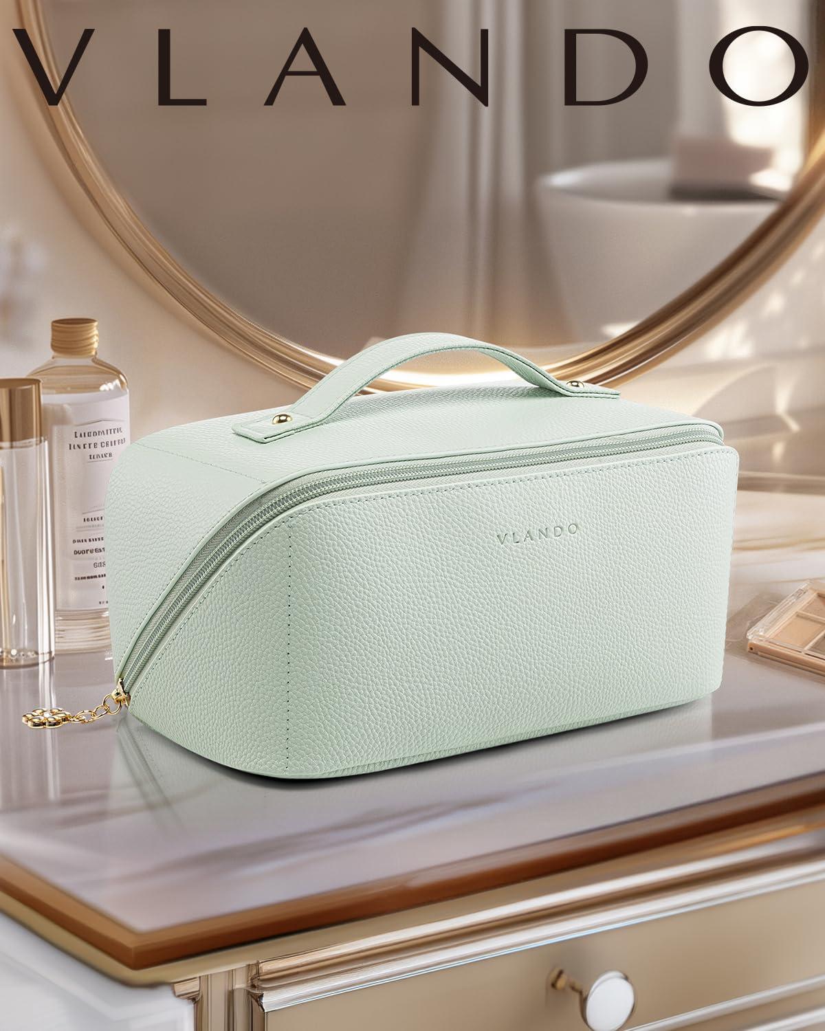Vlando Vlando Makeup Bag,Travel Makeup Bag Waterproof Portable Cosmetic Bag PU Leather Open Flat Make up Organizer for Toiletries,Makeup Brushes Bag for Teen Girls Women(Mint Green)