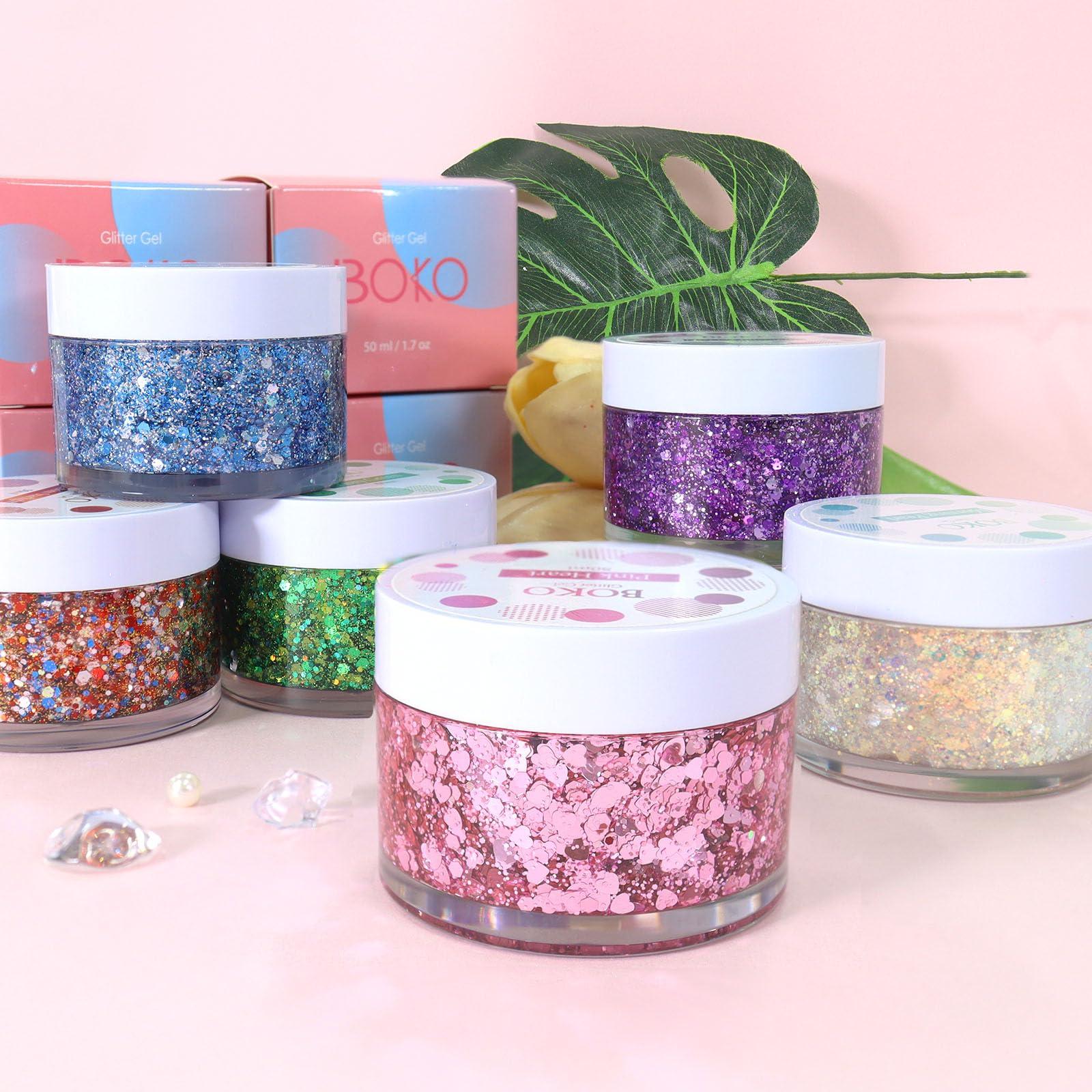 Boko Boko 50ML Body Glitter Gel, Green Mardi Gras Mermaid Chunky Glitter Gel for Face Hair Body Makeup, Cosmetic Face Glitter Sequins for Mardi Gras Coachella Party Concert St Patricks Rave Accessories