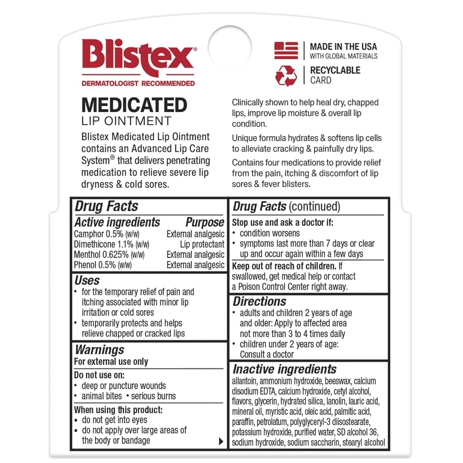 Blistex Blistex Medicated Lip Ointment 3 Count, 0.21 Oz. Relieves Cold Sores & Helps Heal Dry Chapped Lips, Lip Sores & Blisters Pain Relief Healing Ointment