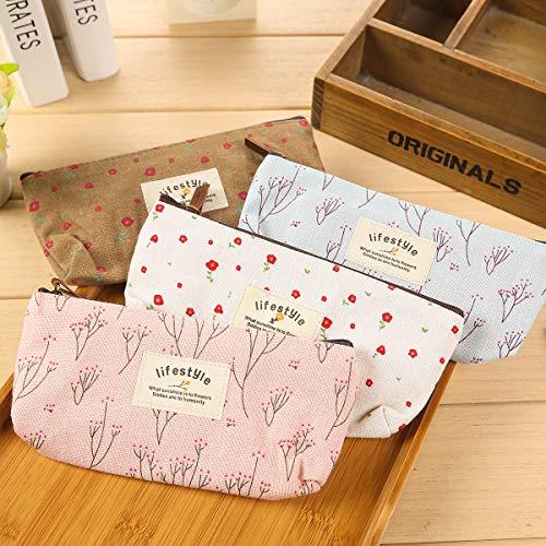 AKIRO AKIRO Pencil Case, Cute Floral Flower Canvas Zipper Pencil Cases Lovely Fabric Flower Tree Pen Bags School Supplies 4 Pcs