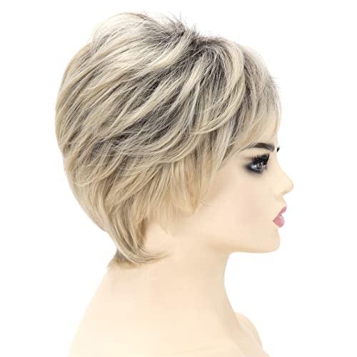 Happy Cherry Happy Cherry Human Hair Wigs with Bangs Blonde Short Wigs for White Women Layered Shaggy Synthetic Wig Mom Wigs Ombre Hair Wigs with Cap Comb