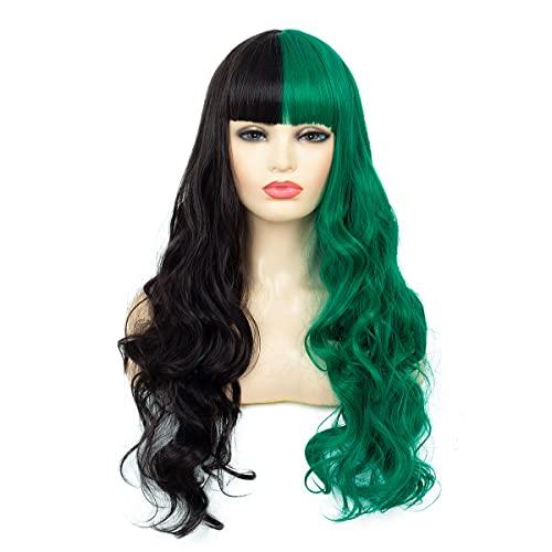 Baruisi Baruisi Half Black Half Green Wig Long Curly Wavy Black Green Synthetic Heat Resistant Costume Cosplay Bangs Wig for Women