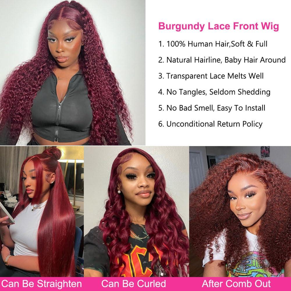 Jolanly 28 Inch Deep Wave Curly 99J Burgundy Lace Front Wigs Human Hair Red Colored Human Hair Wig For Black Women13x4 Curly Transparent Lace Front Wig Pre Plucked