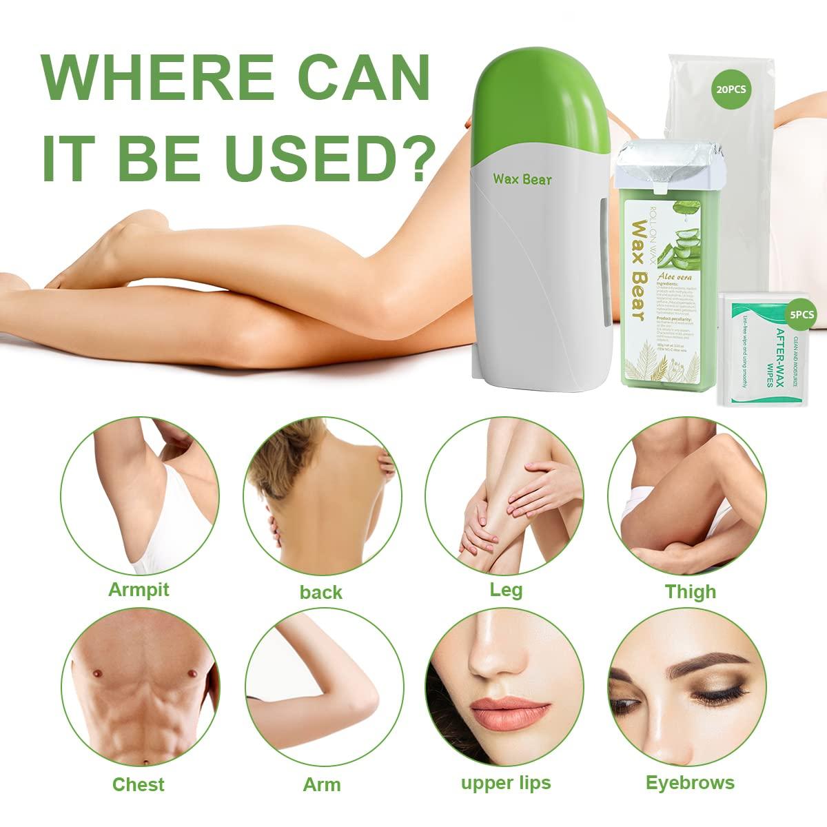 WAX BEAR Wax Bear Roll on Waxing Kit for Hair Removal - Aloe Wax Cartridge, 20 Wax Strips, 5 After-Wax Wipes, Wax Roller for Women and Men (Green)