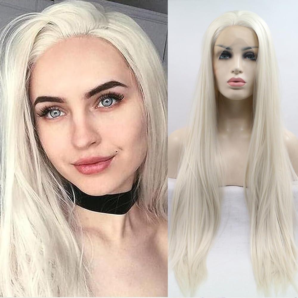 xiweiya Xiweiya Long Straight Lace Front Wigs #60 Platinum Blonde Natural Heat Resistant Synthetic Hair Half Hand Tied Wigs for Cosplay Daily Wear