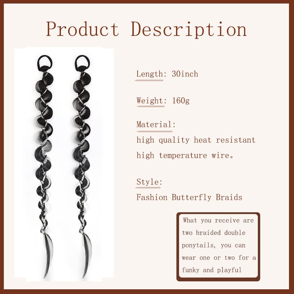 QIAORUIXIN 2PCS Long Braided Ponytail Extension, Fashion style twist Butterfly Braided with Hair Tie Straight Wrap Around Hair Extensions Ponytail Natural Soft Synthetic HairPiece for Women Black Highlights grey