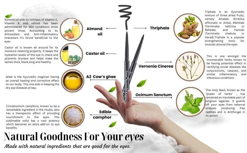 TATSAT - WELLNESS THROUGH AYURVEDA Tatsat Ayurvedic herbal Kajal | Natural, Lead-Free & Chemical-Free Eye Care | Soothing Formula for Everyday Use | Safe for All Skin Types | Made with Triphala, Chakshushya Herbs, Castor Oil etc