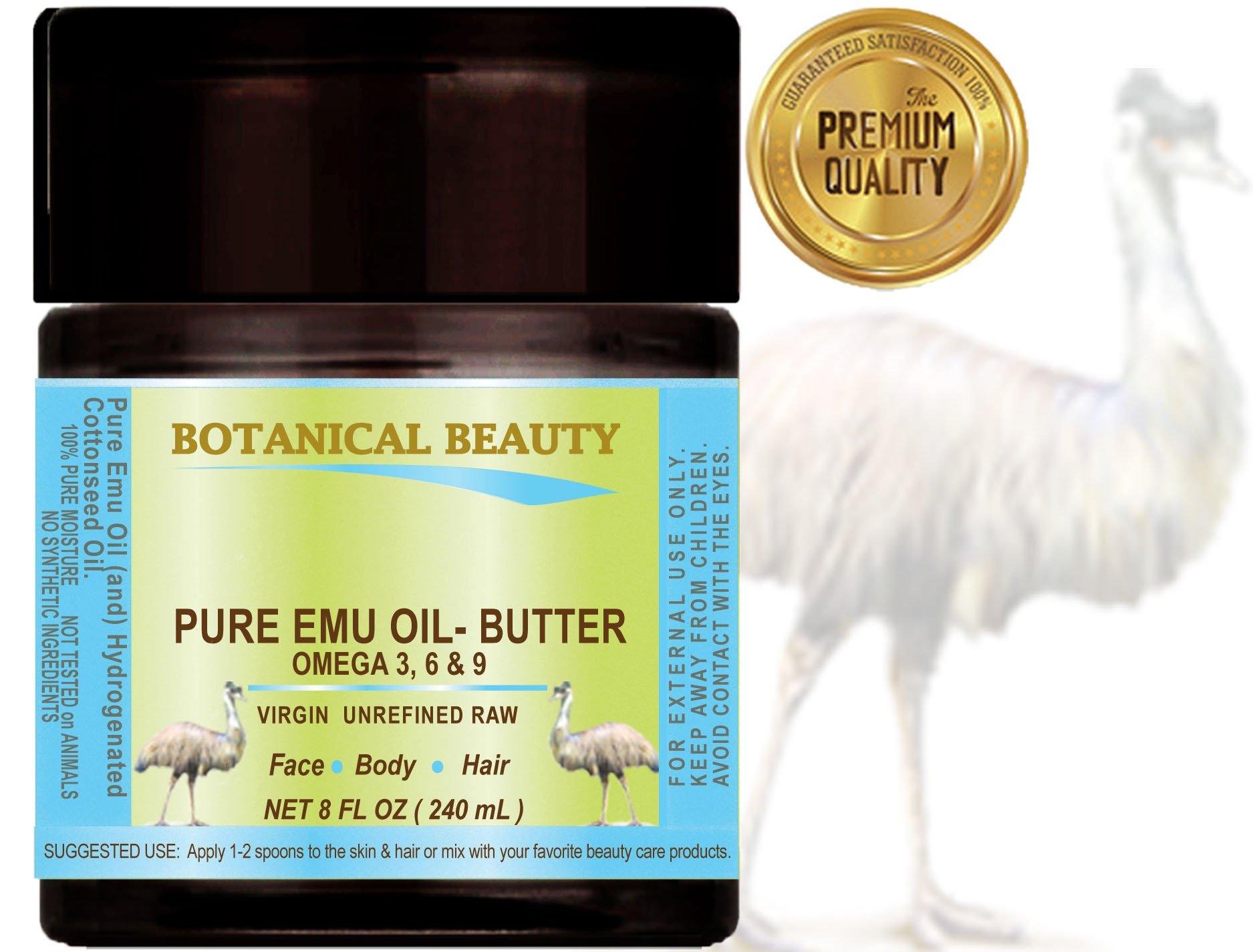 Botanical Beauty PURE EMU OIL BUTTER 100% Natural RAW VIRGIN UNREFINED for FACE, BODY, HANDS, FEET, NAILS, HAIR and LIP CARE 8 Fl. oz. - 240 ml by Botanical Beauty