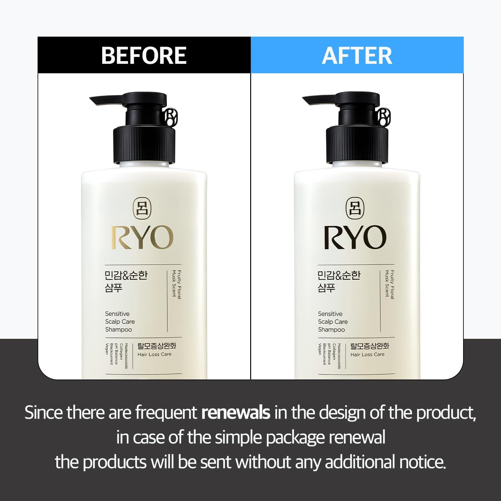 Ryo RYO Sensitive Scalp Care Shampoo with Korean Ginseng & Caffeine - Soothing and Relief for All Hair Type, Anti Loss Care, Dermatologist Tested, 16 Fl Oz.