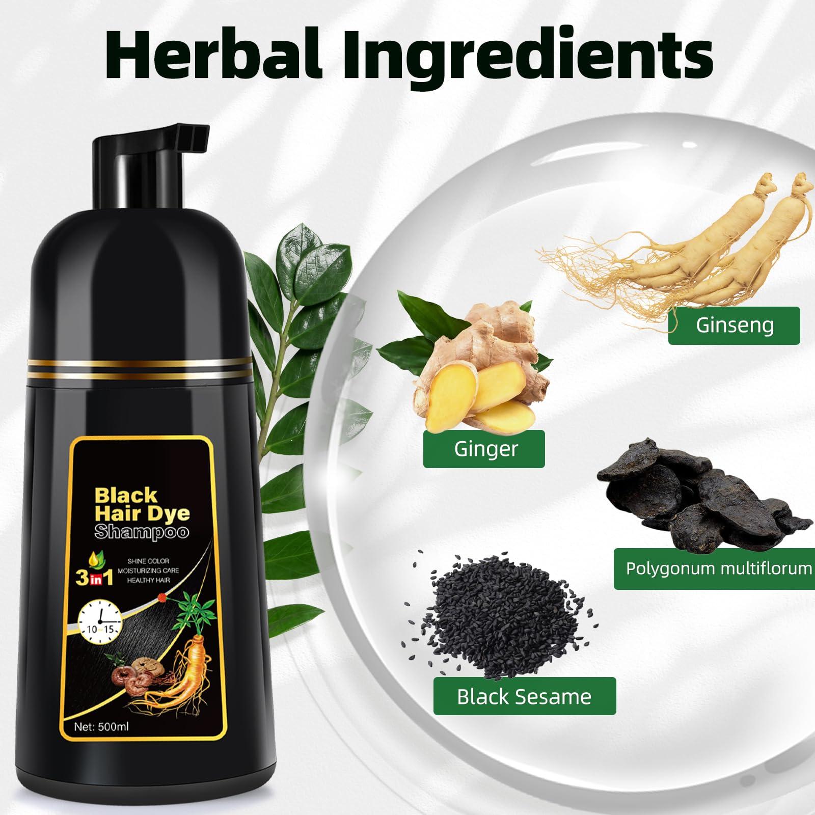 MOISTAR KAISASA Black Hair Dye Shampoo 3 in 1 for Gray Coverag Color Shampoo for Women/Men Instant Herbal Semi Permanent champu para canas