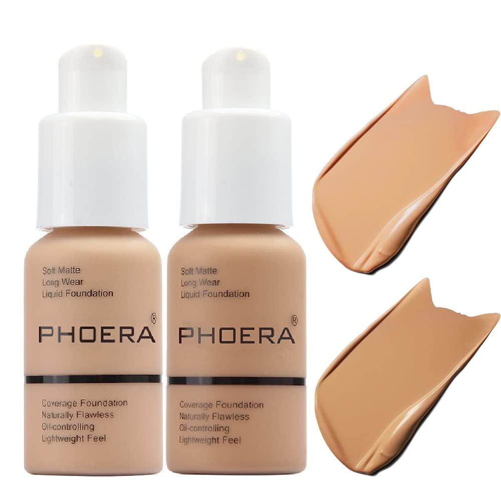 Yaper 2 Pack PHOERA Foundation 104# Buff Beige and 105# Sand,Soft Matte Oil Control Liquid Foundation.