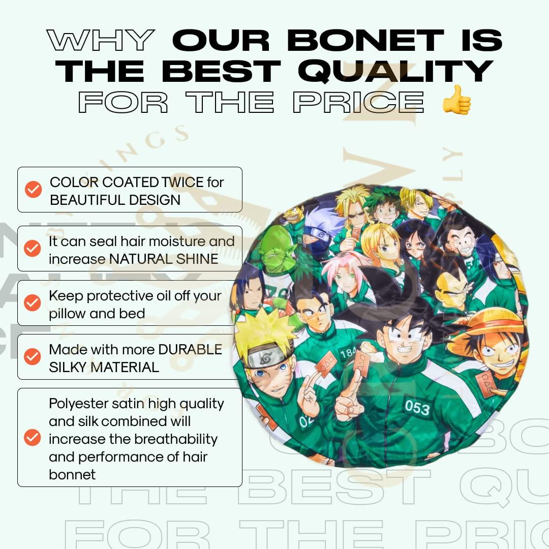 FOR KINGS. BY KINGS CROWN LMTD SUPPLY Large Silky Design Anime Bonnet with Elastic Soft Band Adjustable Women and Men, Comfortable Satin Fabric, SquidB