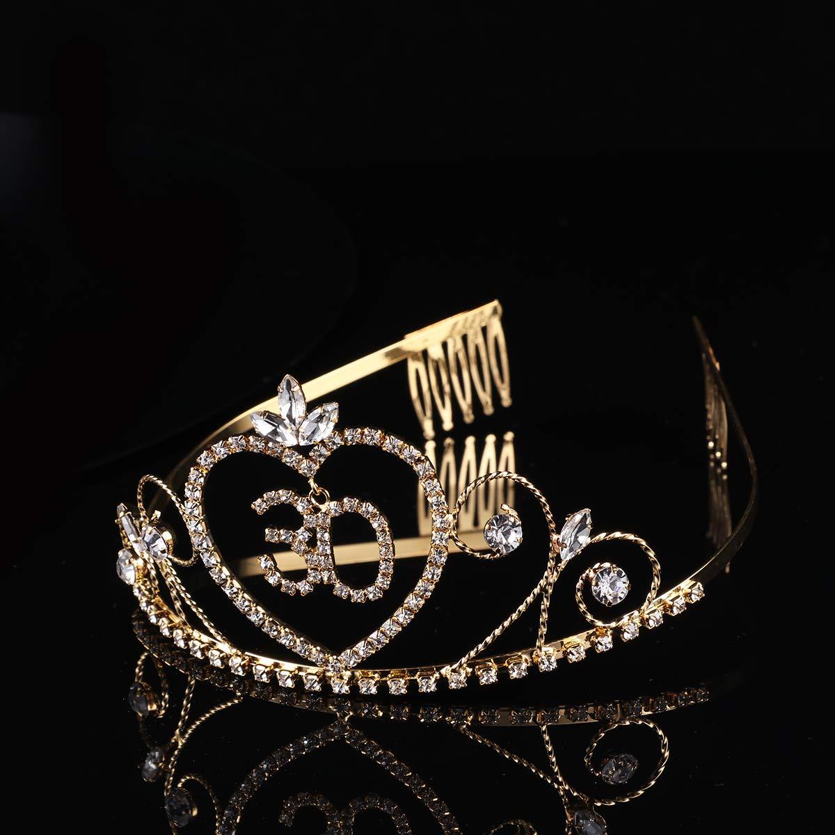 Beaupretty Beaupretty 30 Birthday Crown with Hair Comb Rhinestone Princess Tiara Happy Birthday Crowns 30st BirthdayParty Supplies (Golden)