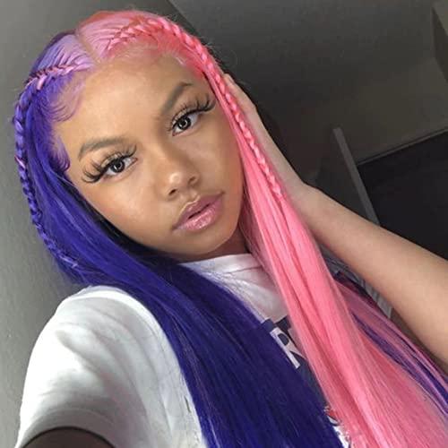 HQ YEAINMATEE Half Purple Half Pink Wig Long Straight Split Wigs