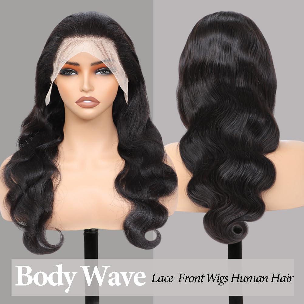 Naddaka Body Wave Lave Front Wigs Human Hair Pre Plucked 13x4 HD Transparent Lace Frontal Human Hair Wig with Baby Hair 180% Density Lace Front Body Wave Wigs Natural Black 22 Inch