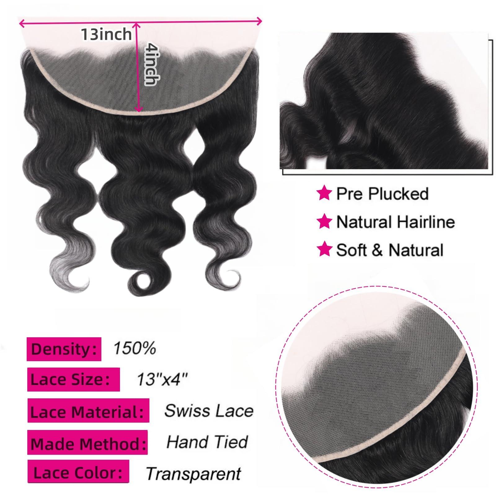 Doiwile 13 x 4 Lace Frontal Closure Body Wave Ear to Ear HD Lace Frontal Pre Plucked 100% Remy Human Hair Frontal Closures Free Part 150% Density (13x4 lace closure, 16inch)