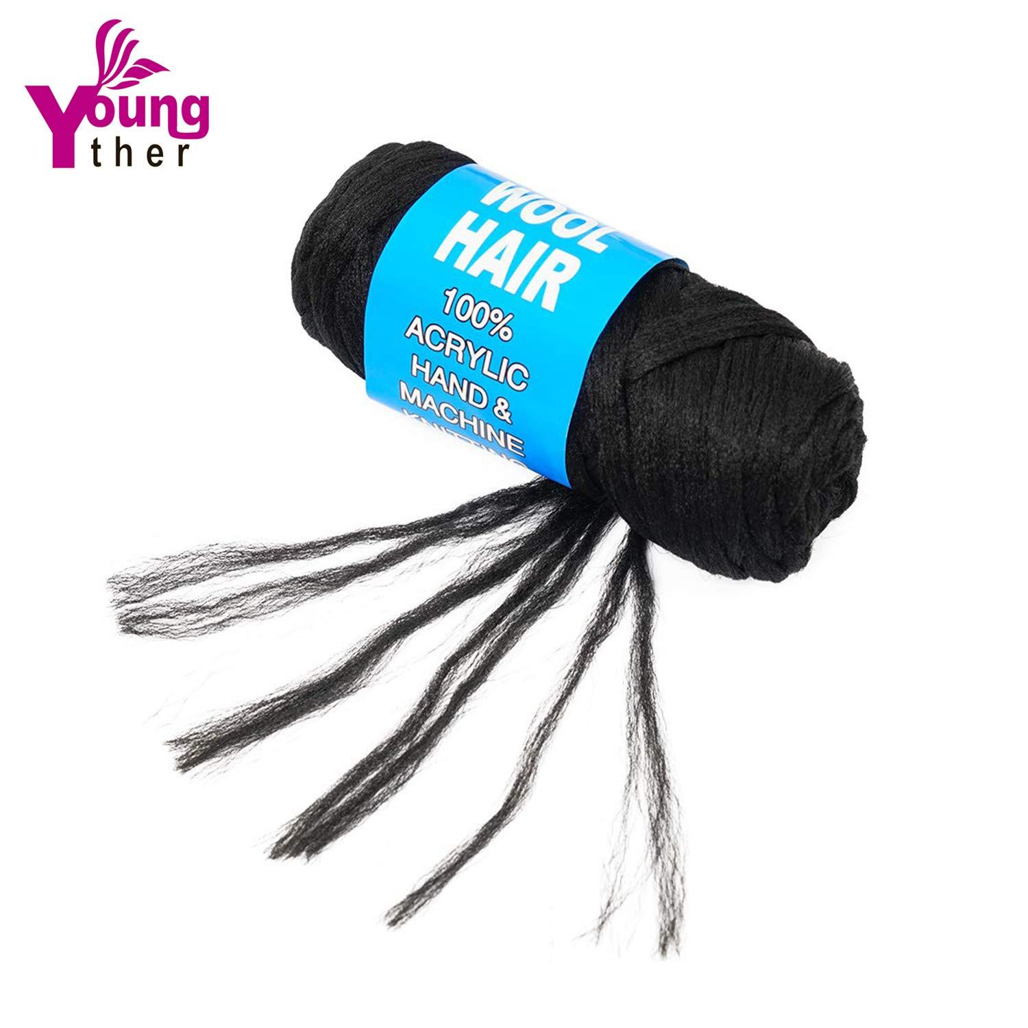 Youngther 100% Brazilian Wool Hair Acrylic Yarn for African Braids/Senegalese Twist/Faux Locs/Wraps with Crochet Hook(4 Roll, Natural Black)