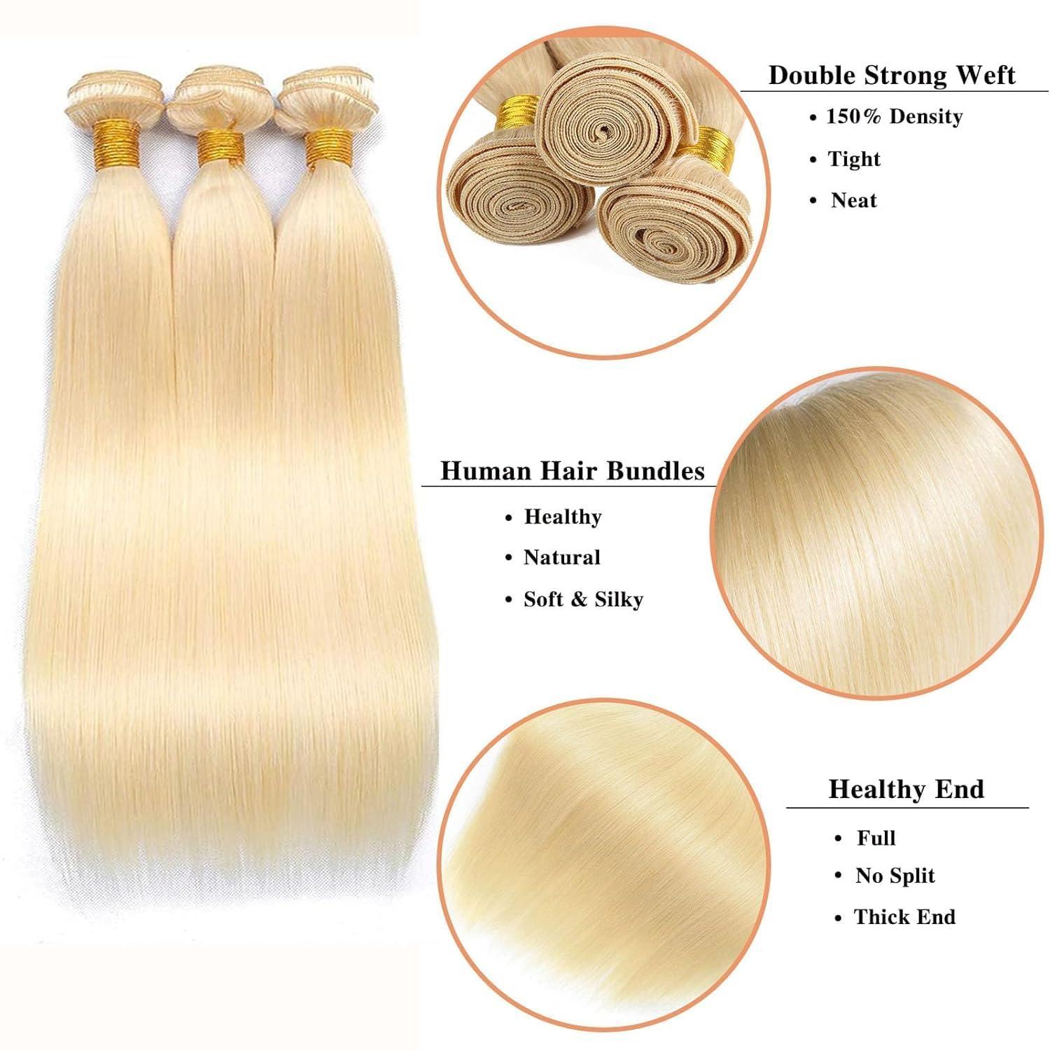 Rostationa 613 Blonde Bundles Human Hair Straight 16 18 20Inch 613 Human Hair Bundles Brazilian Virgin Human Straight Hair 3 Bundles Human Hair Blonde Straight Hair Extensions(613-ST-16 18 20)