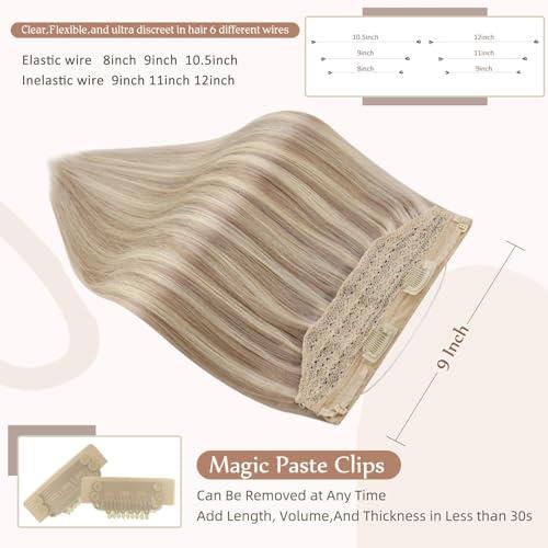 Fshine Fshine Invisible Wire Hair Extensions Real Human Hair Ash Blonde 18 Highlighted Bleach Blonde 613 One Piece Clip in Hair Extensions Soft Remy Human Hair Hidden Wire Human Hair Extension 20Inch 80G