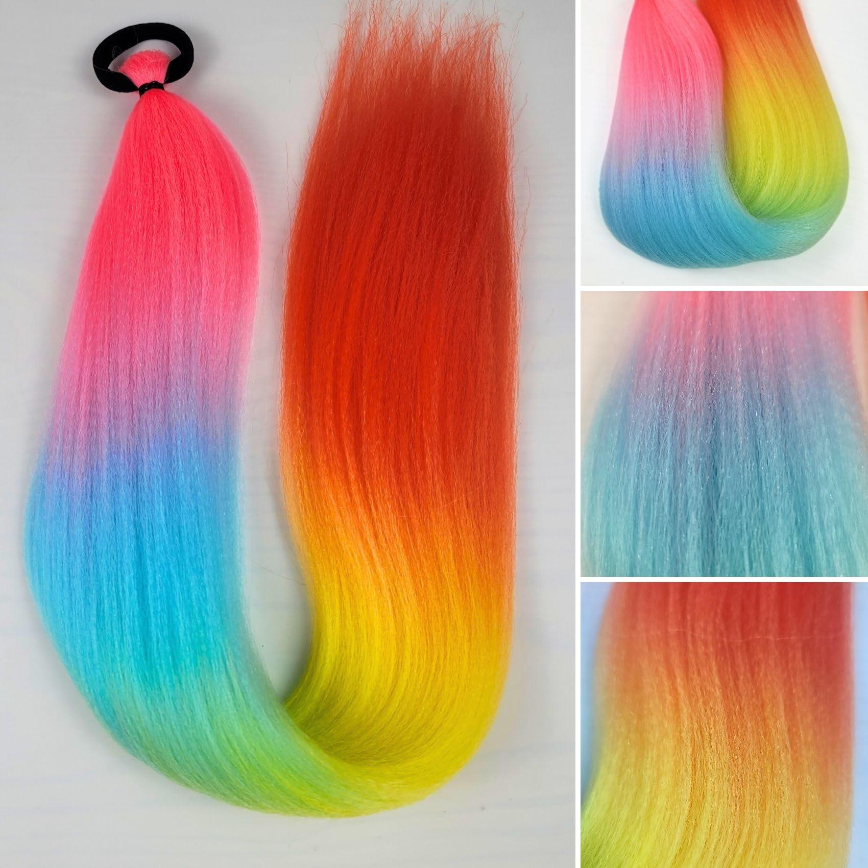Gozill Rainbow Hair Extensions for Rave Box Braids Straight Synthetic Braid Ponytail Extensions with Elastic Tie for Party Festival (26Inch, Pack of 2)