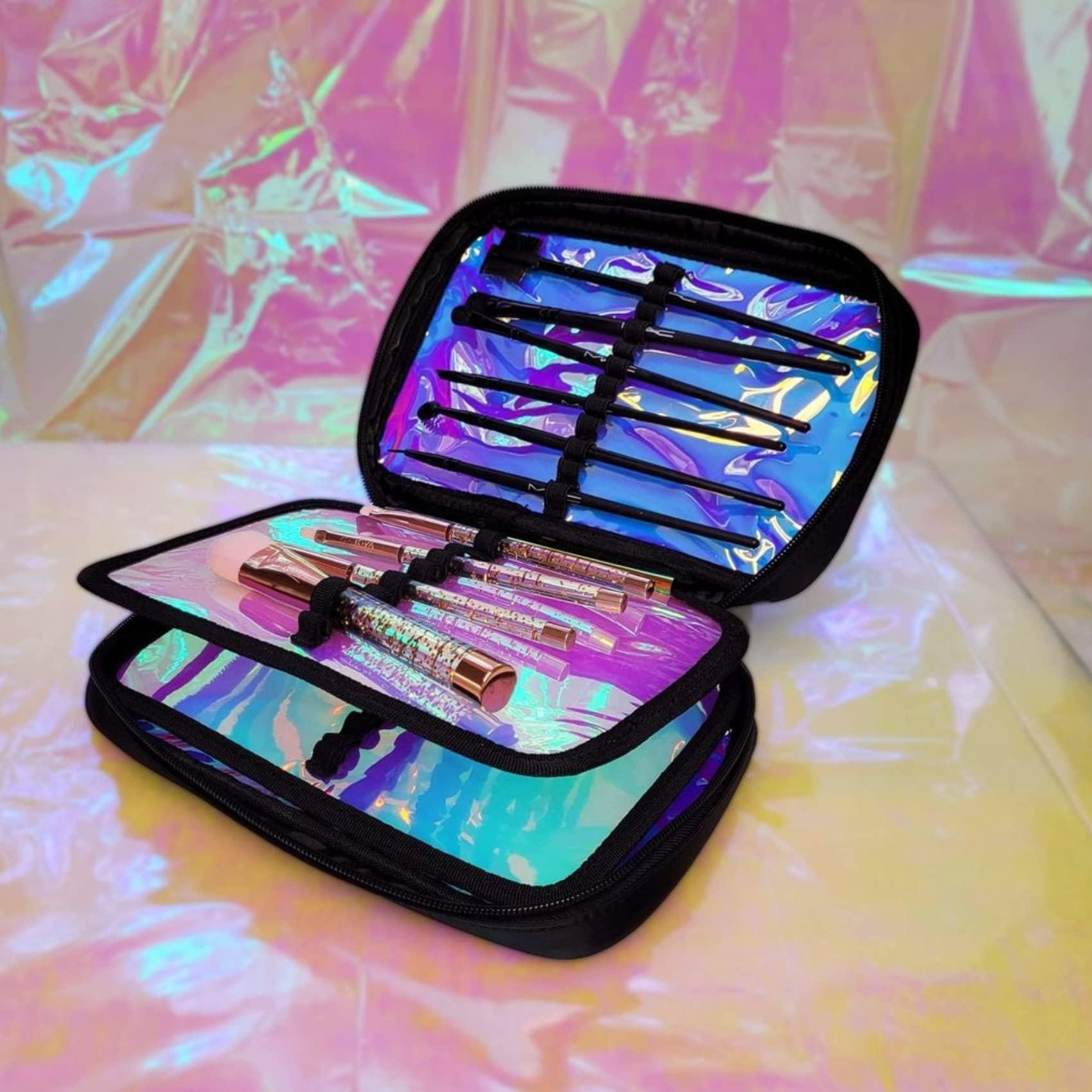 IMPRESSIONS VANITY  COMPANY Impressions Vanity IBIZA Slim Brush Holder Case with 4 Sections, Zippered Cosmetics Bag Organizer for Traveling, Makeup Travel Case for Brushes, Lipgloss, Eyeliner, Mascara (Black)