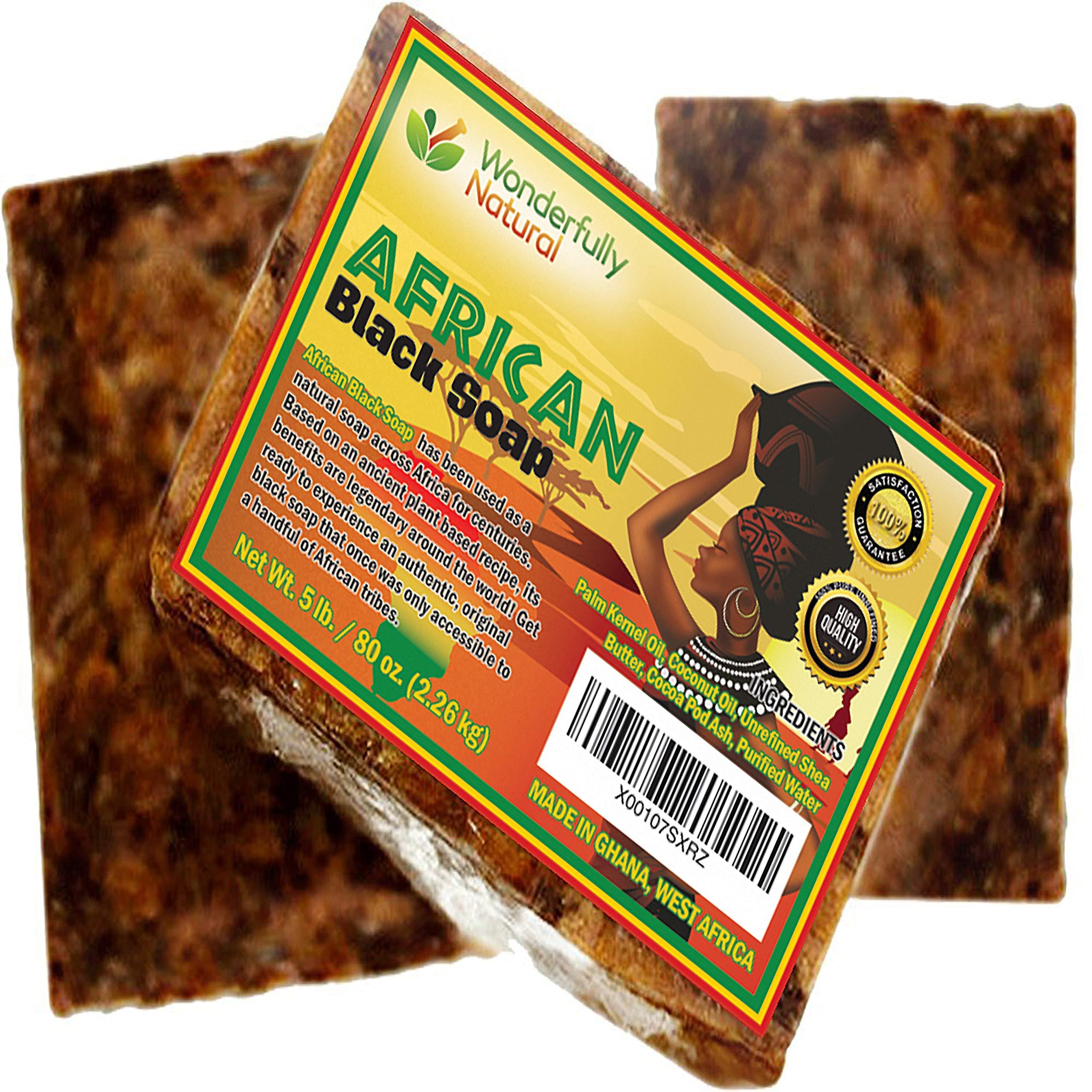 Wonderfully Natural Wonderfully Natural Organic African Black Soap - 5 Pound Best for Acne, Eczema, Dry Skin, Psoriasis, Scars, Dermatitis, White Heads Pimples, Face & Body Wash, Raw Handcrafted Beauty Scrub Bar