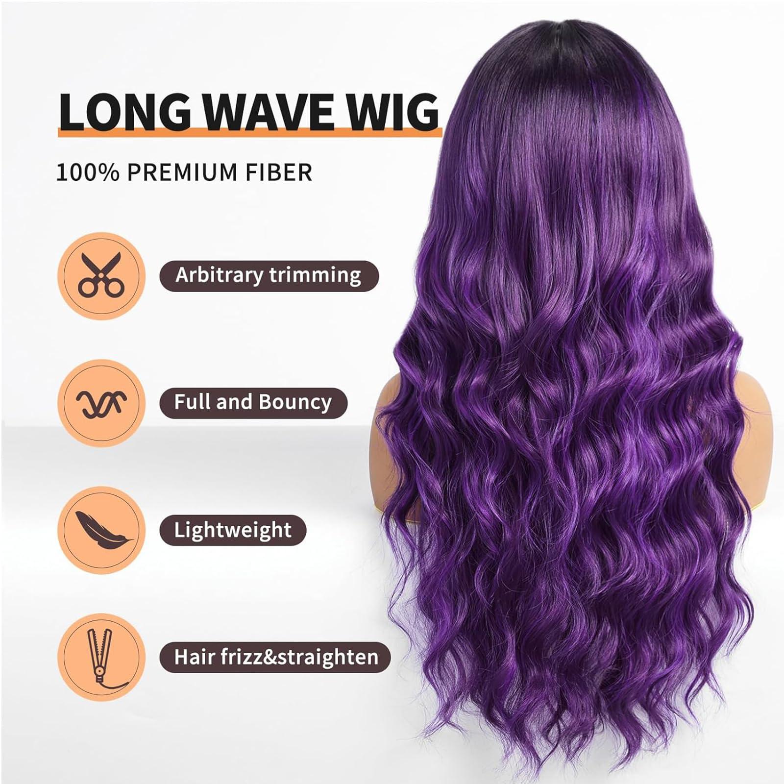 Petelf Long Purple Wigs for Women Ombre Dark Purple Wig with Bangs Dark Roots Wet and Wavy Wig Heat Resistant Glueless Synthetic Hair Replacement Cosplay Wig (Purple)