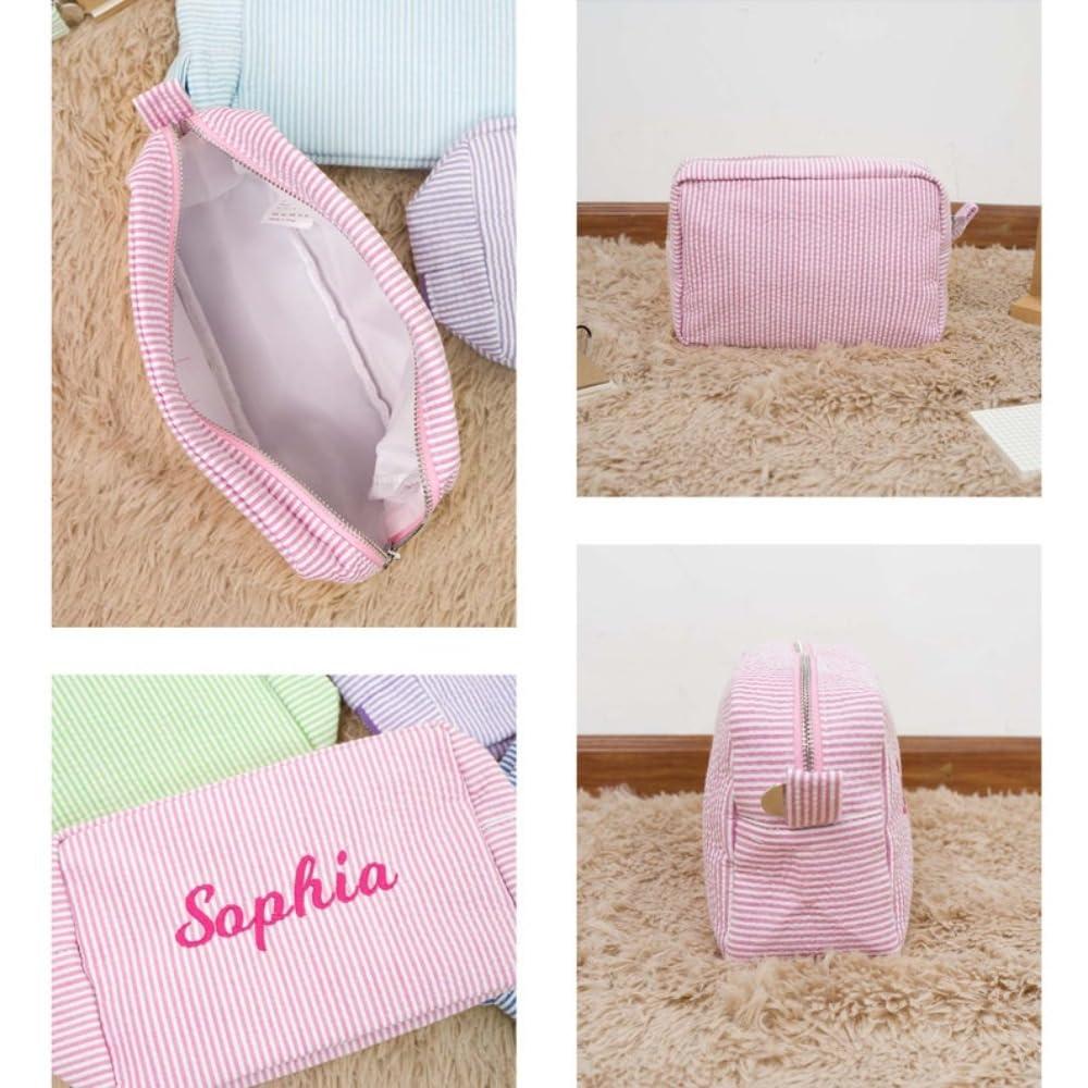 Hainadian Personalized Seersucker Cosmetic Bag, Monogrammed Toiletry Bag, Embroidered Make Up Bag,Bridal Gift, Bridesmaid Proposal Gift, Bridesmaid Makeup Bag, Cosmetic Pouch (Green)