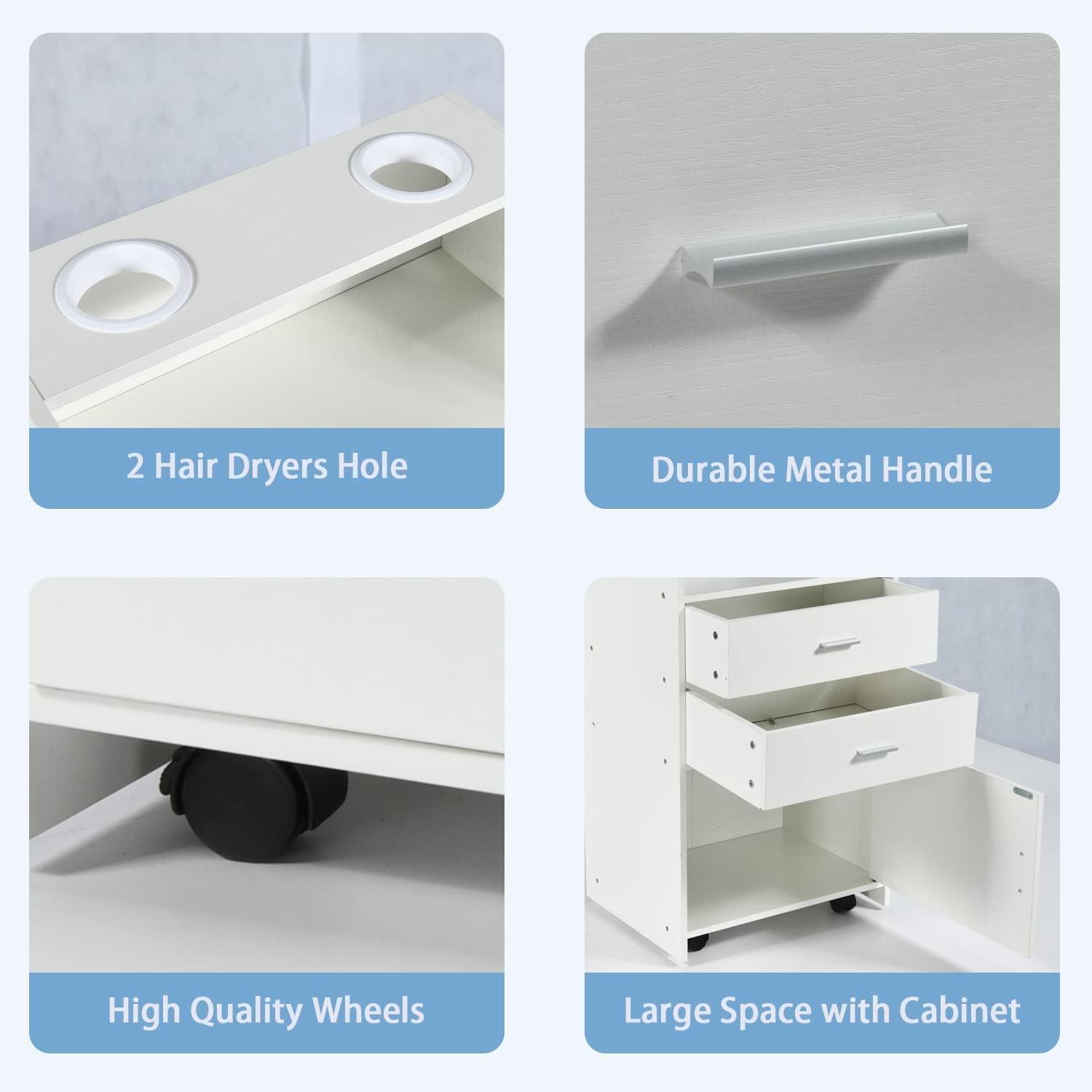 4ever2buy Beauty Salon Station, Rolling Beauty Station for Hair Stylist, Hair Salon Station Storage Cabinet with Wheels, Salon Table with 2 Drawers, Stylist Storage Cabinet with 2 Hair Dryer Holders (White)