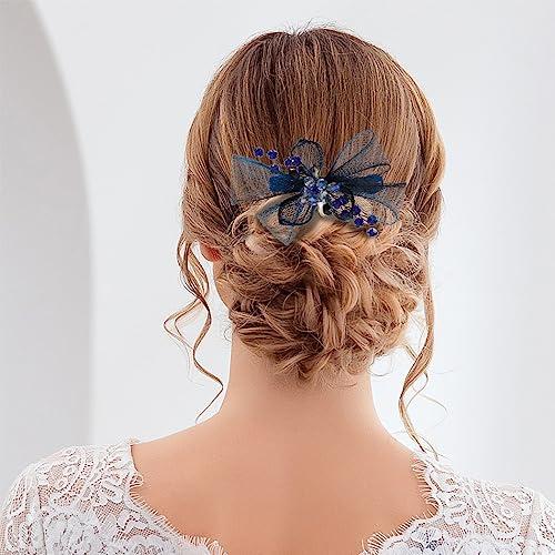 Yokawe Yokawe Flower Hair Barrettes Bride Wedding Hair Clips Blue Crystal Hairpin Floral Prom Hair Accessories for Women Girls (A)