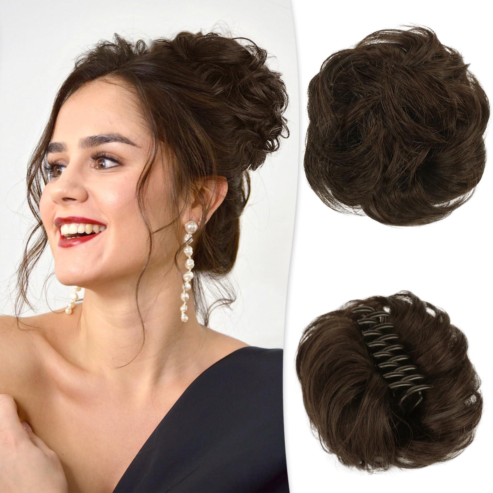 RUWISS RUWISS Claw Clip Messy Bun Hair Piece Real Human Hair Buns Wavy Curly Chignon Hair Bun Extensions Tousled Updo Hair Buns Claw Clip Ponytail Hairpieces Hair Scrunchie with Clip for WomenBrown