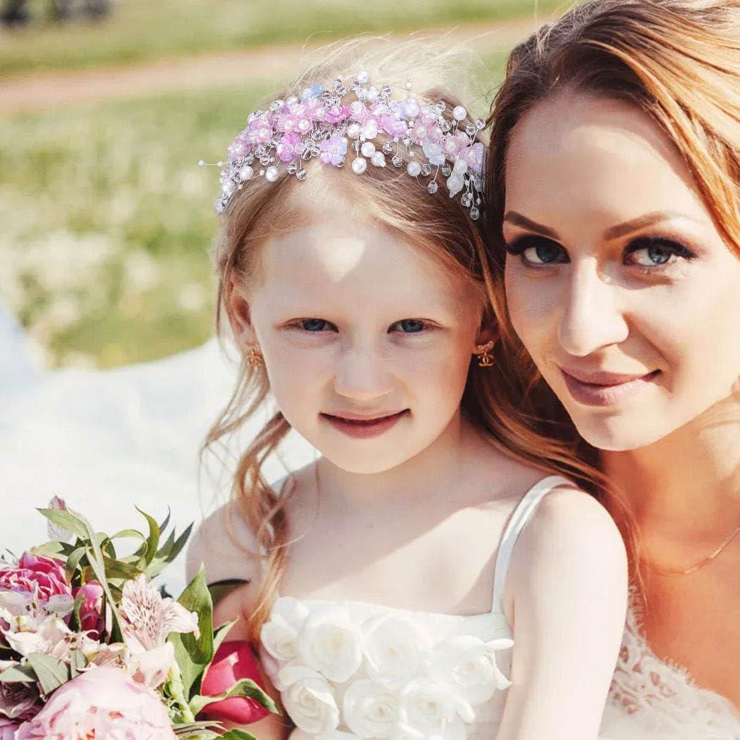 Woeoe Woeoe Pearl Princess Headband Pink Flower Crystal Hair Band Birthday Wedding Communion Hair Accessories
