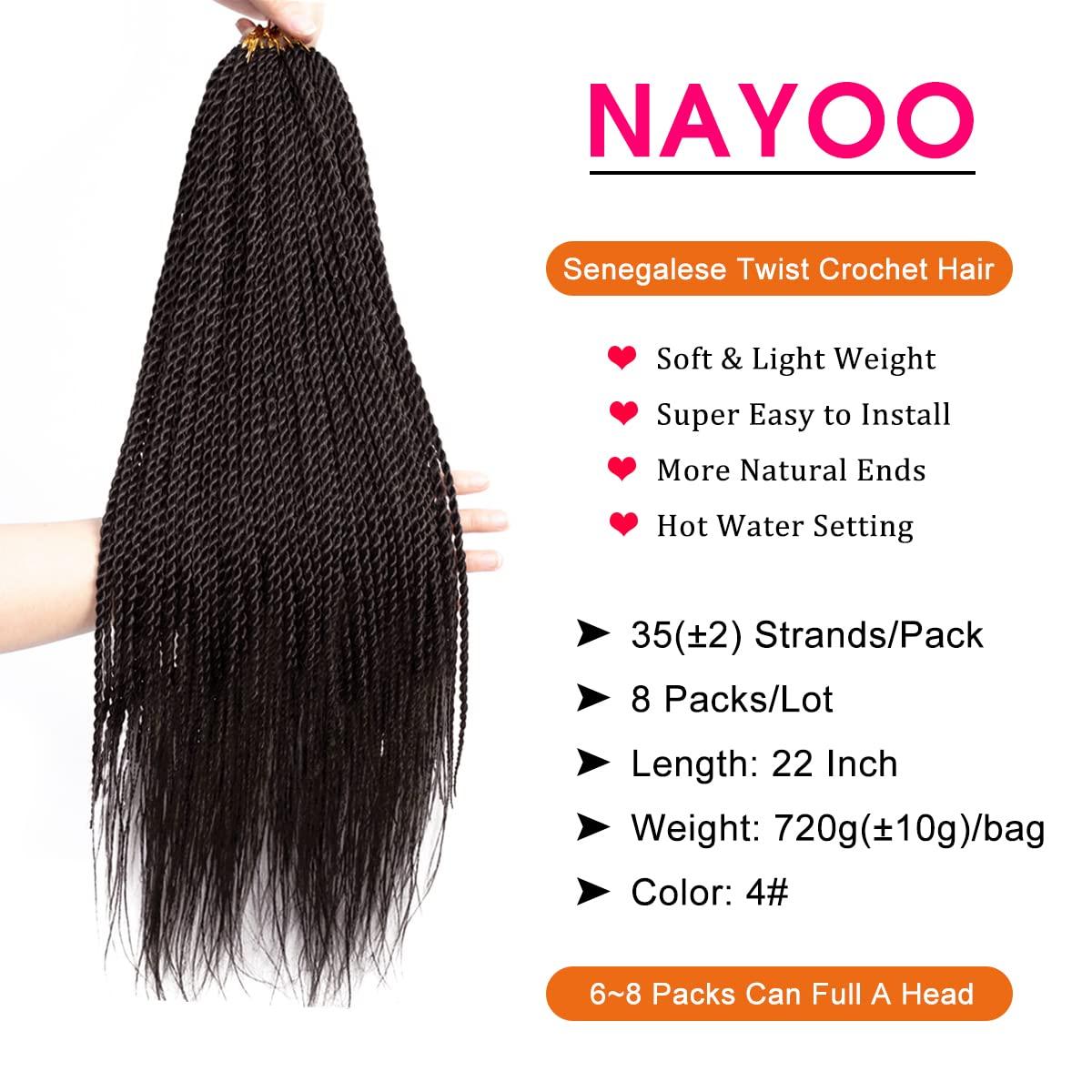 NAYOO NAYOO Senegalese Twist Crochet Hair - 8 Packs 22 Inch Crochet Hair For Black Women, 35 Strands/Pack Small Twist Crochet Braids Hair Hot Water Setting, Pre-Looped Crochet Braiding Hair(22 Inch, 4#)