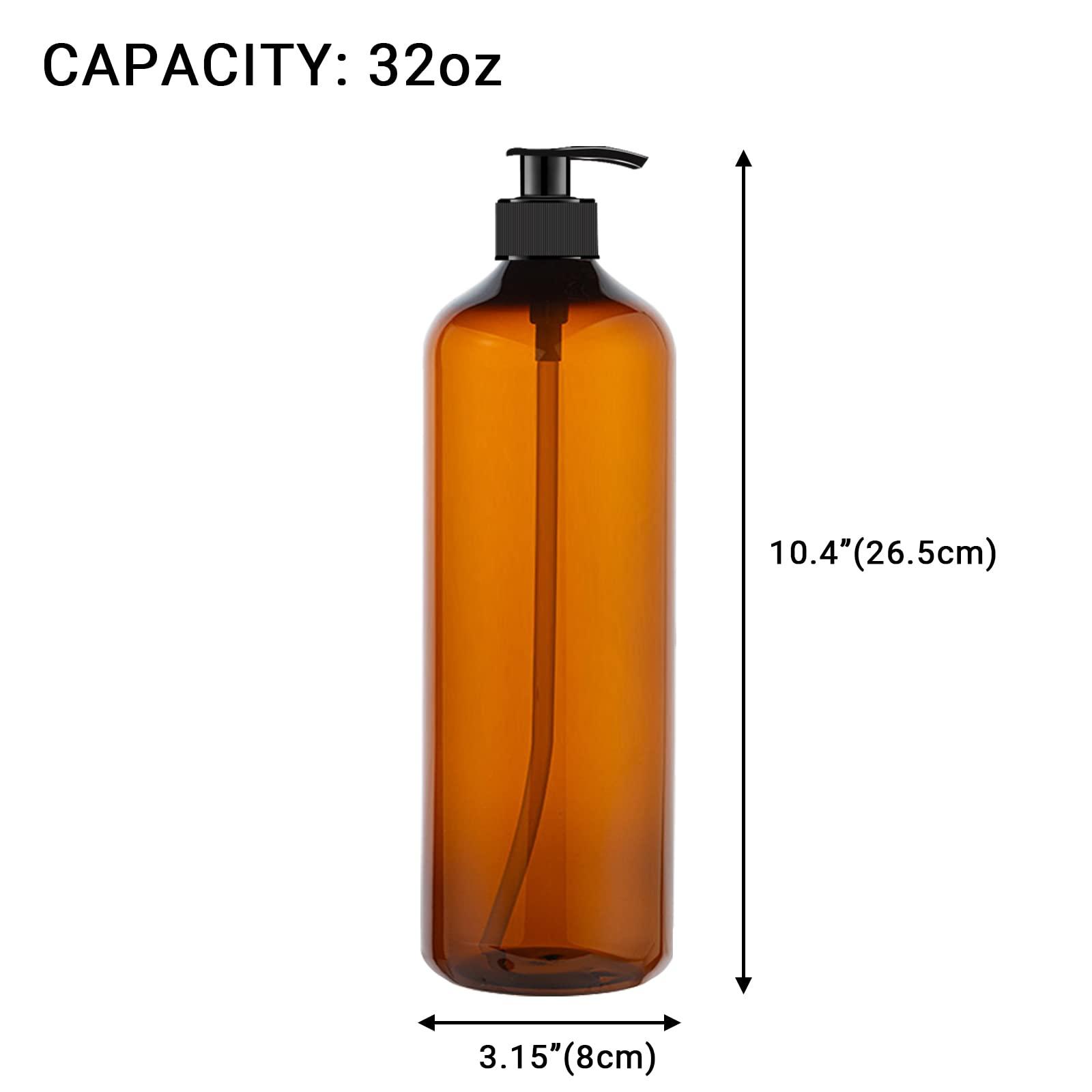 zmybcpack zmybcpack 4 Pack 32 OZ Empty Plastic Pump Bottles With 1 Pen, Labels & Silicone Funnel, Amber Empty Shampoo Bottles with Pumps For Body Wash, Shampoo, Massage Lotion, Gel
