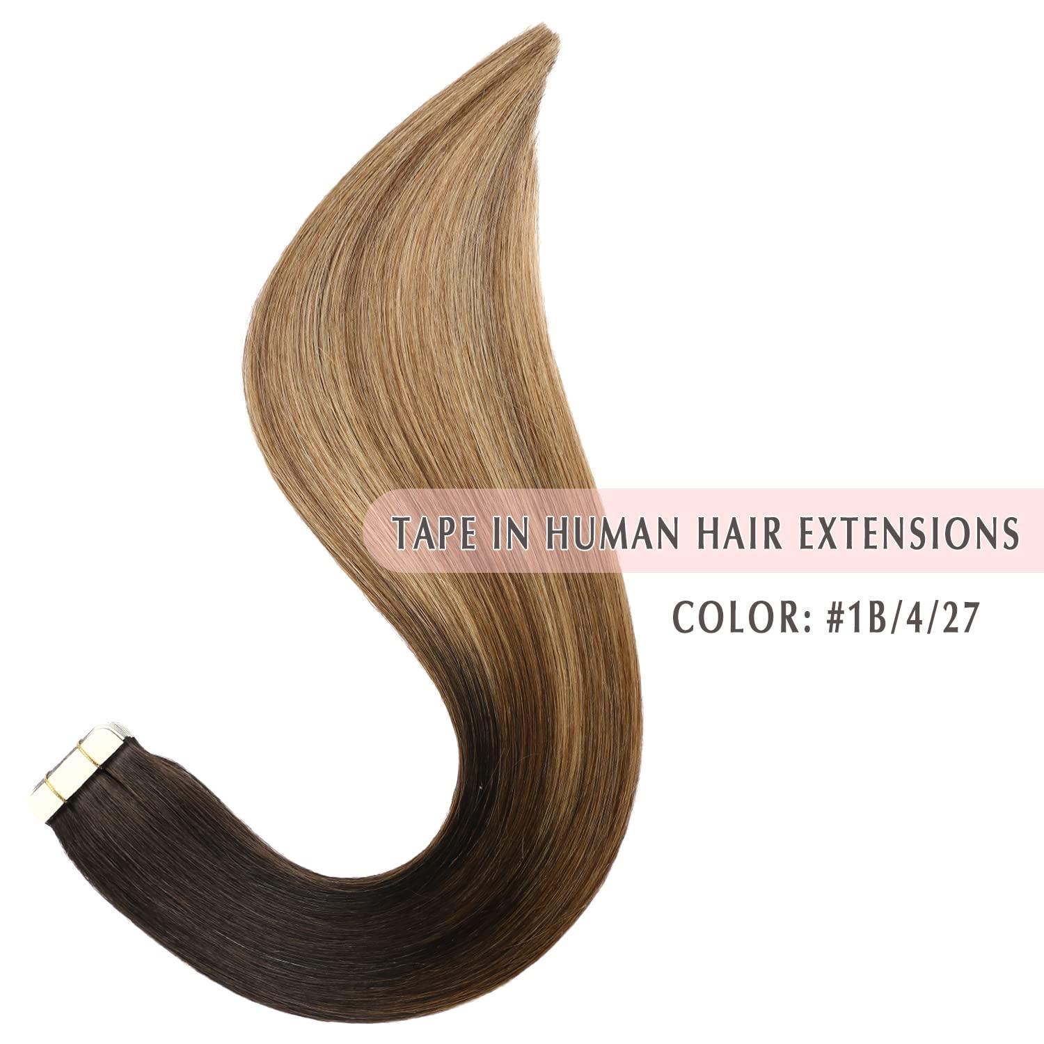 SURNEL SURNEL Tape in Hair Extensions Human Hair 16 inch Tape in Hair Extensions Color 1B Fading to 4 Brown Highlighted 27 Blonde Tape Hair Extensions 20 pcs 50g(#1B/4/27-16)