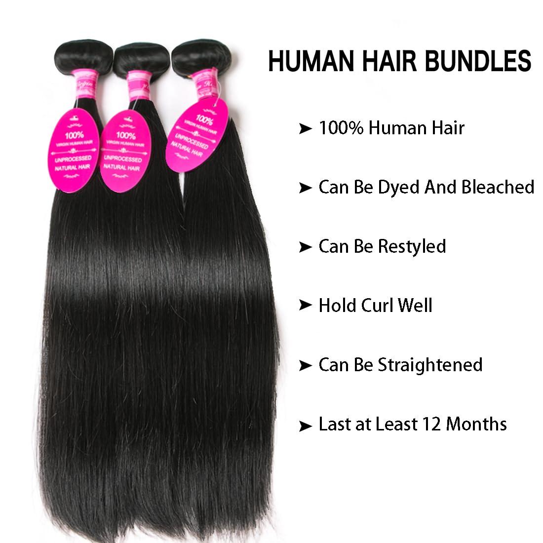 Elluipoey Straight Bundles Human Hair 3 Bundles Double Weft 12A Brazilian Weave Straight Hair Bundles 10 12 14 Inch