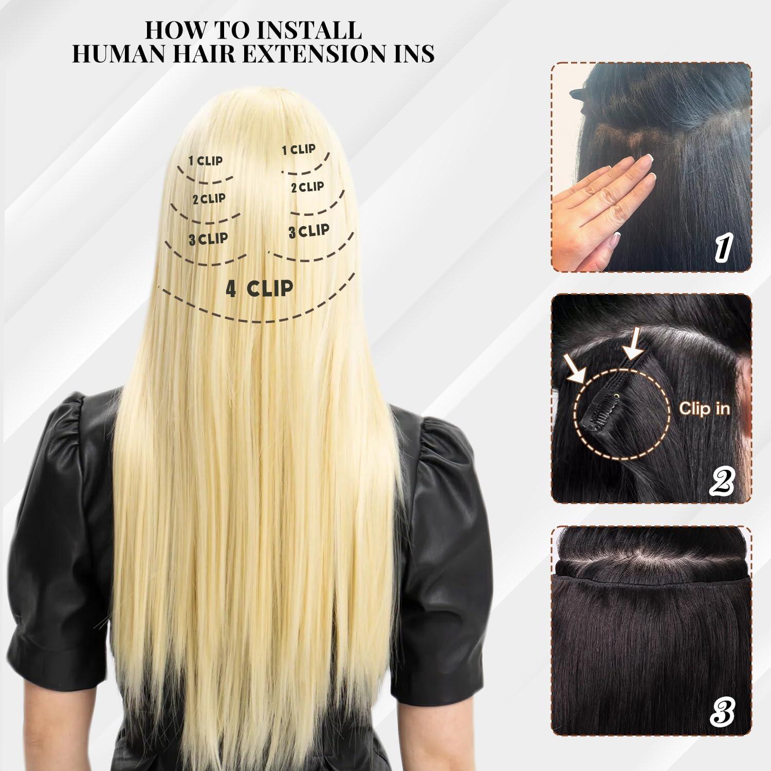 Houlud Blonde Clip in Hair Extensions Real Human Hair Straight 24 Inch 7pcs 120g Clip ins Hair Extensions Brazilian Remy Human Hair 16 Clips Double Weft Human Hair For Women