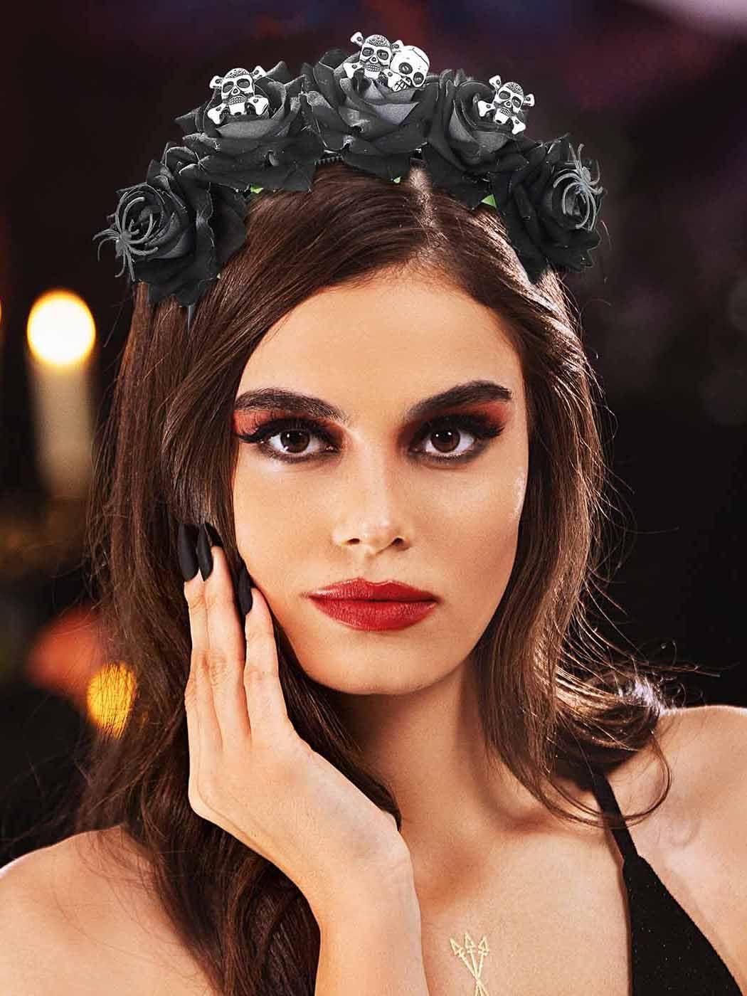 Woeoe Woeoe Halloween Skull Headband Black Rose Flower Costume Day of the Dead Headpiece Spider Mexican Floral Crown for Women and Girls