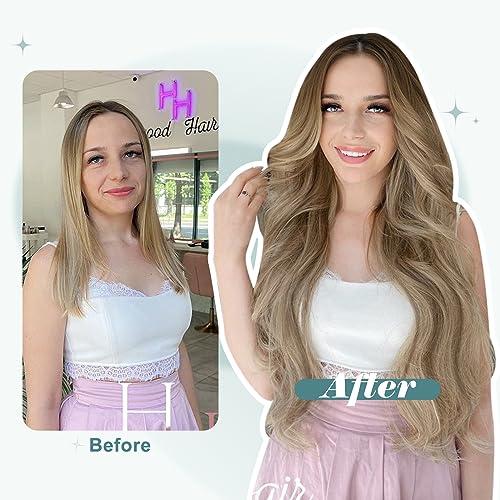 Full Shine Full Shine Balayage Brown Human Hair Clip in Extensions 20 inch Dark Brown to Light Brown Mix Blonde Balayage Clip in Hair Extensions Straight Real Hair Extensions Double Weft 7pcs/120g