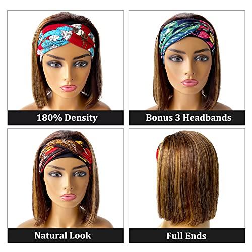 Benafee Blonde Highlights Bob Headband Wigs Human Hair Headband Wig for Black Women 180% Density 4/27 Balayage Brown with Honey Blonde Highlights Human Hair None Lace Front Wig with Headband Attached 16 Inch
