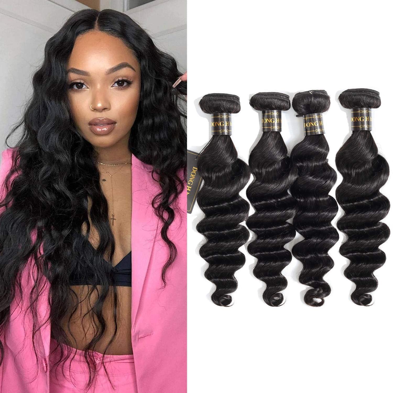 DONG H hair DONG H hair Loose Deep Wave Bundles 100% Unprocessed Peruvian Virgin Human Hair Bundles Loose Wave Bundles Wet and Wavy 4 bundles Human Hair Natural Color Hair Extensions (18\"20\"22\"24\", 4 Bundles)