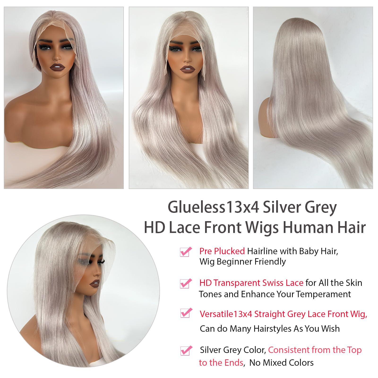 Licoville Grey Human Hair Lace Front Wigs for Women Free Part 13x4 HD Transparent Grey Lace Front Wig Human Hair Pre Plucked Straight Long 28 Inch Gray Lace Front Wigs Human Hair Silver Gray Wig 180% Density