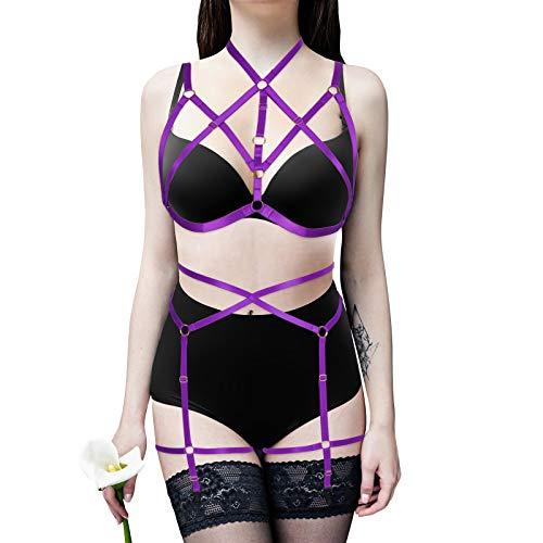 PUKHSS Women Body Harness Strappy High Elasticity Full Body Set with Cup Set for Valentine's Day Present (Purple)