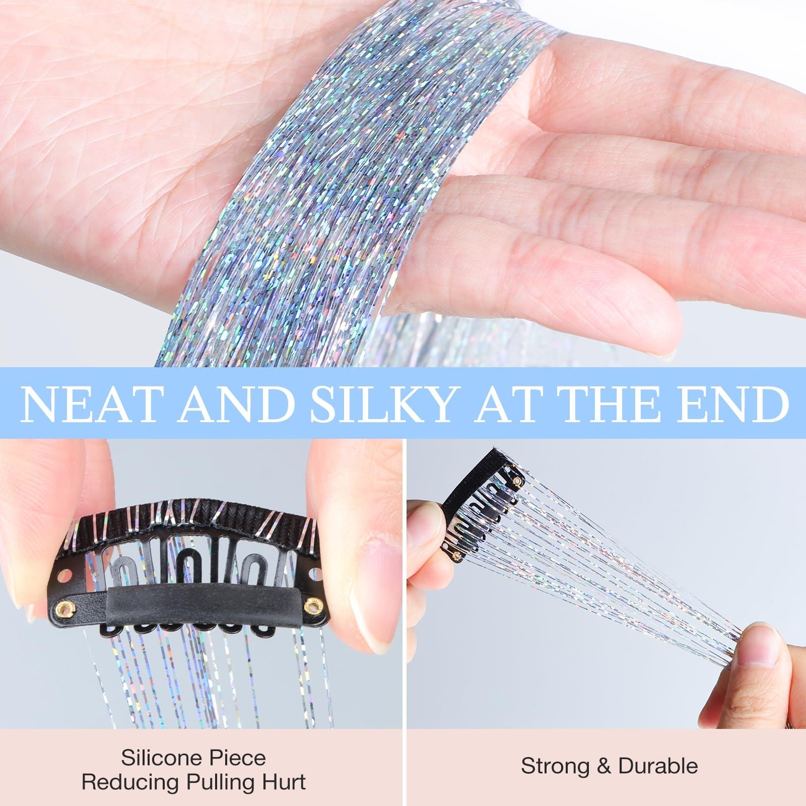 DOORES DOORES Hair Tinsel Kit 6 Pcs Tinsel Hair Extensions, 24 Inch Fairy Hair Accessories Dazzle Hair Sparkle Strands Shiny Glitter Hair Extensions Pink Hair Clip ins Hair Tinsel Kit for Girls (Pink)