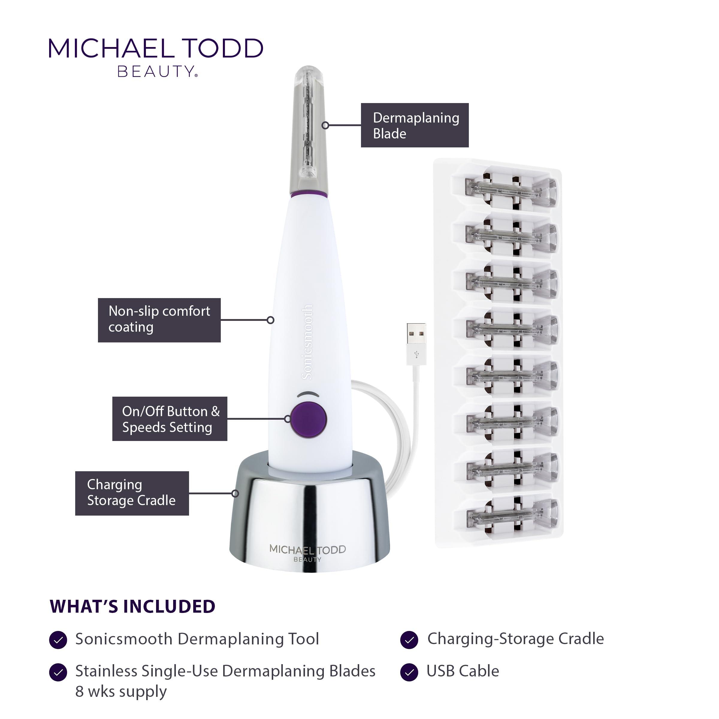MICHAEL TODD BEAUTY Michael Todd Beauty - Sonicsmooth  SONIC Technology Dermaplaning Tool - 2 in 1 Womens Facial Exfoliation & Peach Fuzz Hair Removal System with 8 Weeks of Dermaplaning Blades