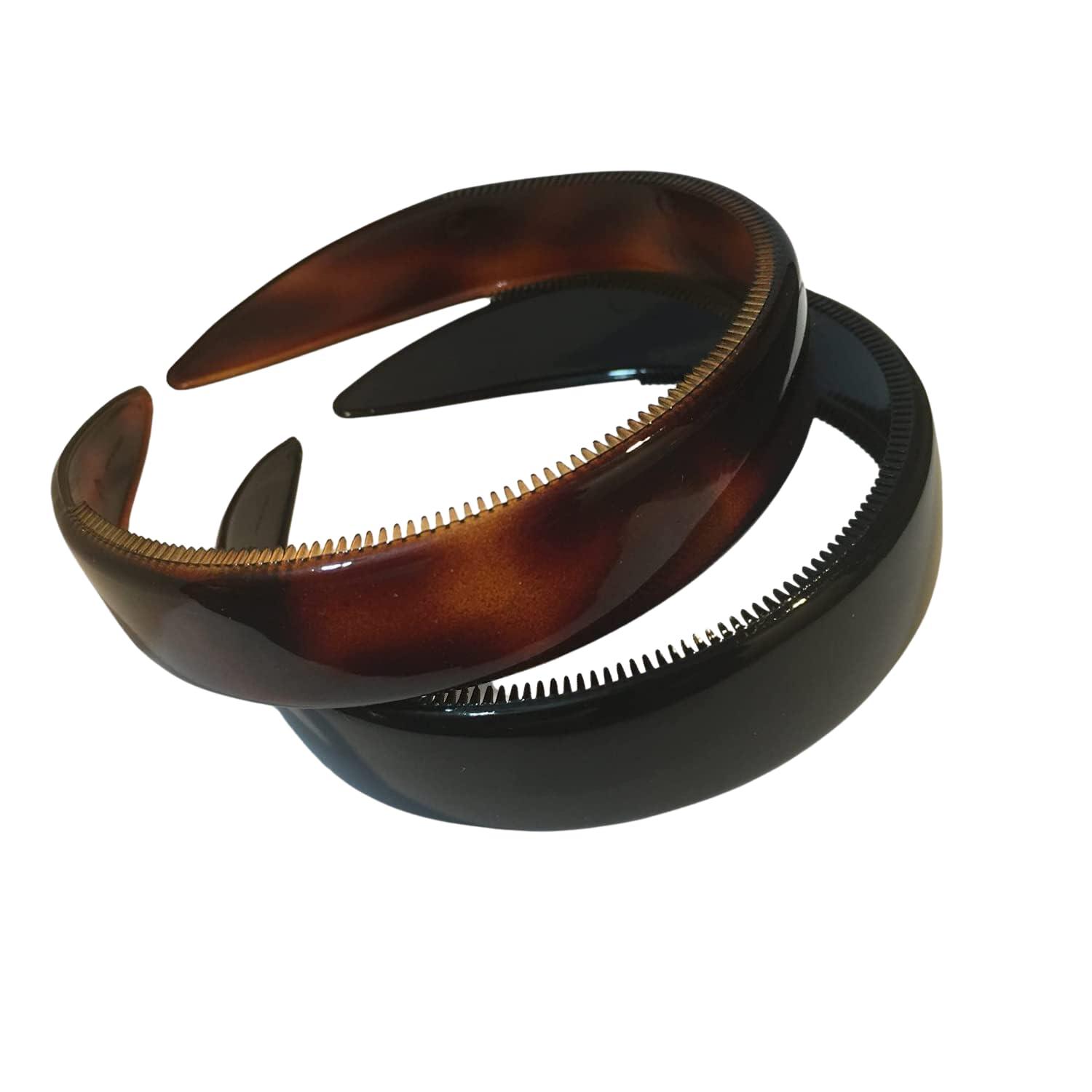 Parcelona Parcelona French (Set of 2) Wide 1 Inch Tortoise Shell Brown and Black Hair Headbands with Inner Teeth Nibs