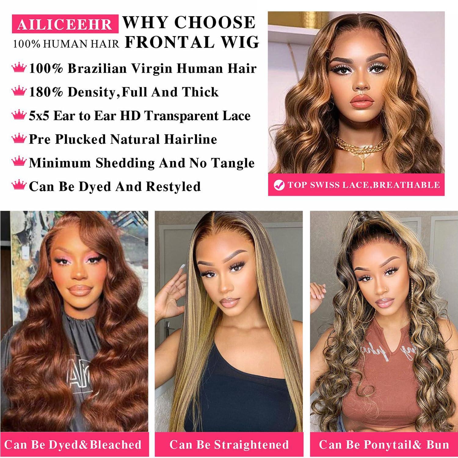 AILICEEHR AILICEEHR 30 Inch Highlight Ombre 5x5 Lace Closure Wigs Human Hair Body Wave P4/27 Honey Blonde Glueless Wigs Human Hair Pre Plucked HD Lace Front Balayage Colored Wigs Human Hair 180% Density