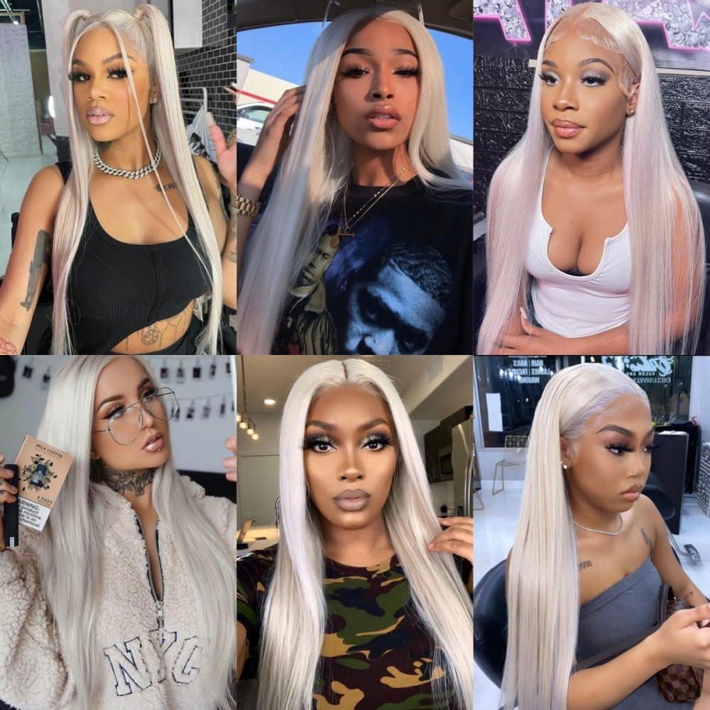 Veally Platinum Blonde Synthetic Lace Front Wig Pre Plucked Ready to Wear 13x4 HD Glueless Straight Lace Front Wig for Women Natural Looking Synthetic Heat Resistant Fiber Platinum Blonde Wig (26 Inch)