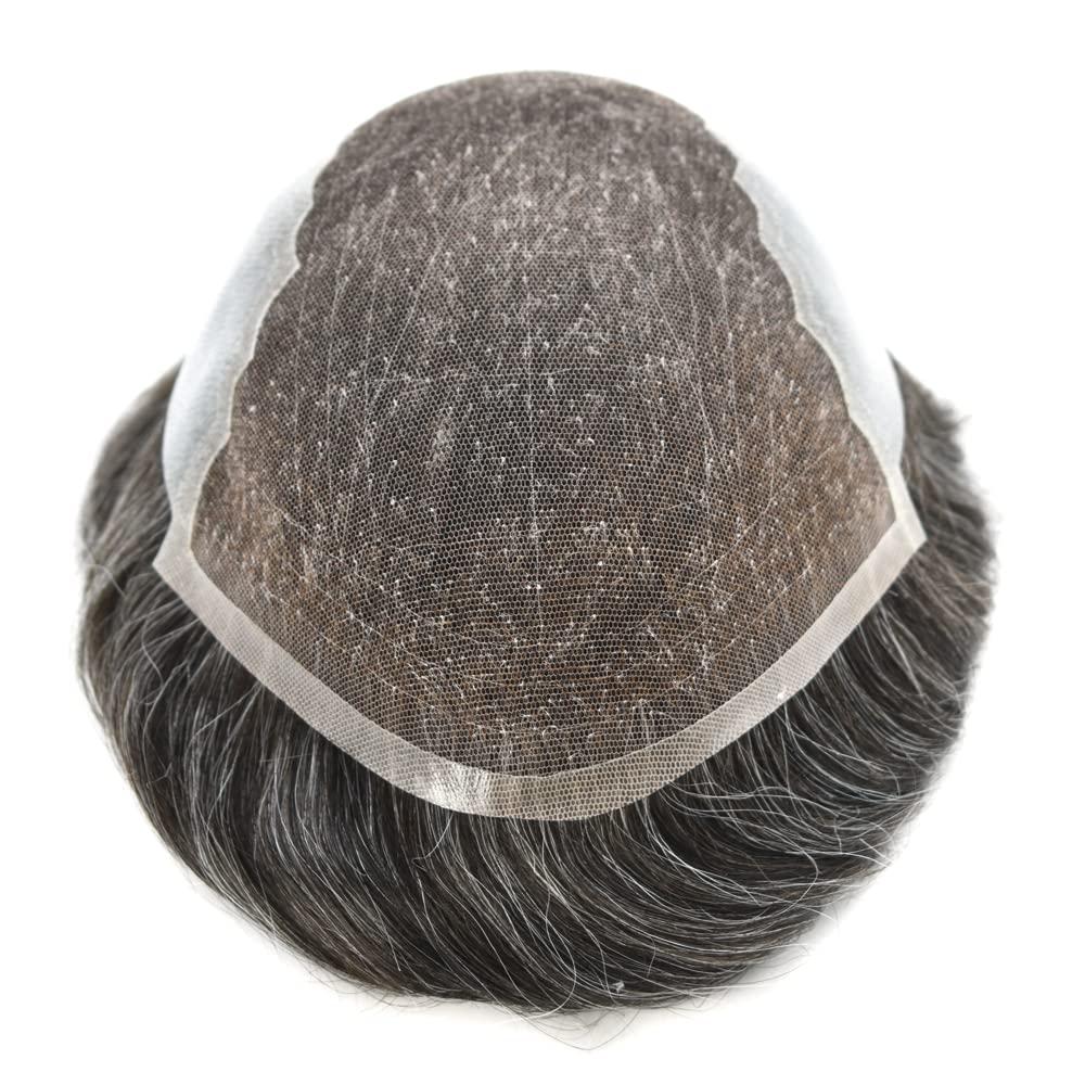 DR Hair Toupee For Men Hair System French Lace Real Human Hair Replacment System Lace Front Blached Knot Mens Toupee Hair Pieces Nantural Hairline8x10 light to Medium density#240 2# DARKEST BROWN+40% GREY