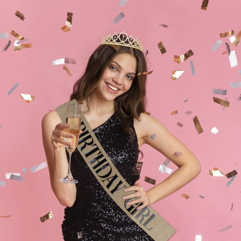 Didder Didder Birthday Crown, Gold Birthday Girl Sash & Rhinestone Tiara Set, Birthday Tiara Birthday Crowns for Women Birthday Sash and Tiaras for Women Girls Birthday Gifts Party Accessories